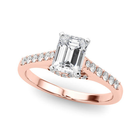 Rose gold Emerald Solitaire Diamond Ring with Pavé Band and Four-Prong Setting