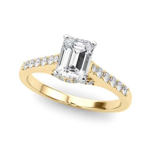 Yellow gold Emerald Solitaire Diamond Ring with Pavé Band and Four-Prong Setting