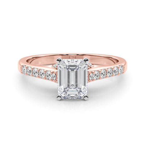 Rose gold Emerald Solitaire Diamond Ring with Pavé Band and Four-Prong Setting