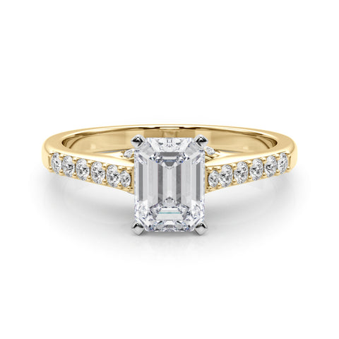 Yellow gold Emerald Solitaire Diamond Ring with Pavé Band and Four-Prong Setting