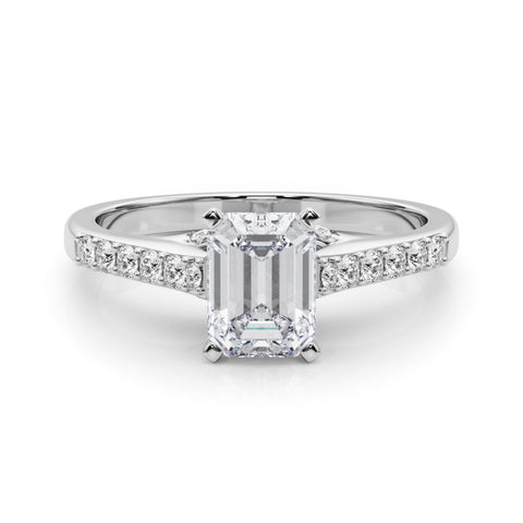 White gold Emerald Solitaire Diamond Ring with Pavé Band and Four-Prong Setting