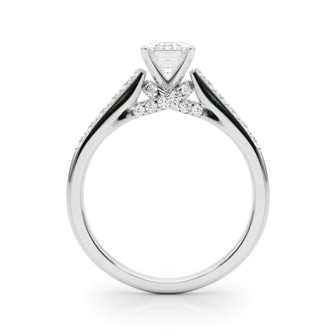 White gold Emerald Solitaire Diamond Ring with Pavé Band and Four-Prong Setting