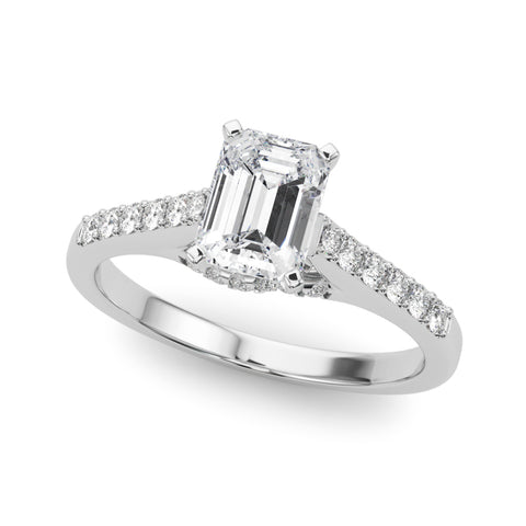 White gold Emerald Solitaire Diamond Ring with Pavé Band and Four-Prong Setting