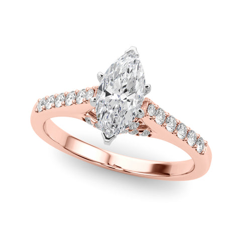 Rose gold Marquise Solitaire Diamond Ring with Pavé Band and Four-Prong Setting