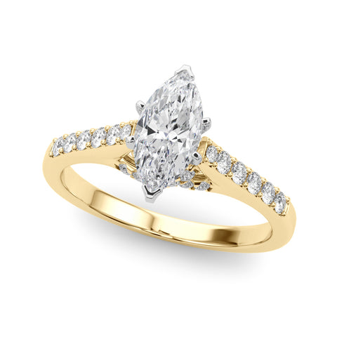 Yellow gold Marquise Solitaire Diamond Ring with Pavé Band and Four-Prong Setting