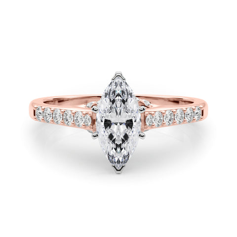 Rose gold Marquise Solitaire Diamond Ring with Pavé Band and Four-Prong Setting