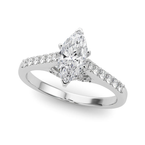 White gold Marquise Solitaire Diamond Ring with Pavé Band and Four-Prong Setting