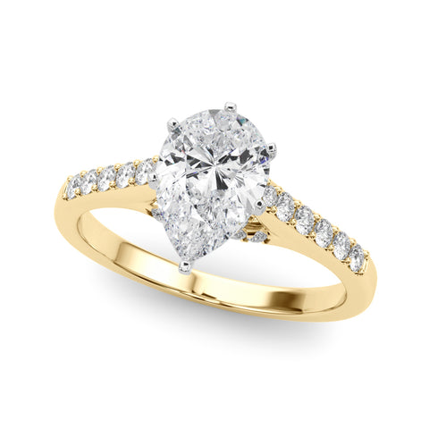 Yellow gold Pear Solitaire Diamond Ring with Pavé Band and Four-Prong Setting