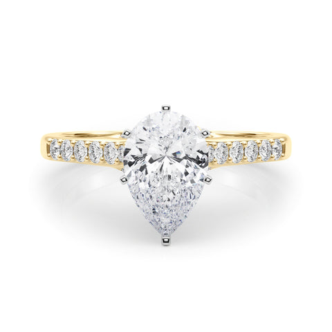 Yellow gold Pear Solitaire Diamond Ring with Pavé Band and Four-Prong Setting