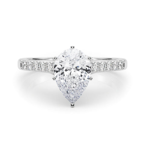 White gold Pear Solitaire Diamond Ring with Pavé Band and Four-Prong Setting