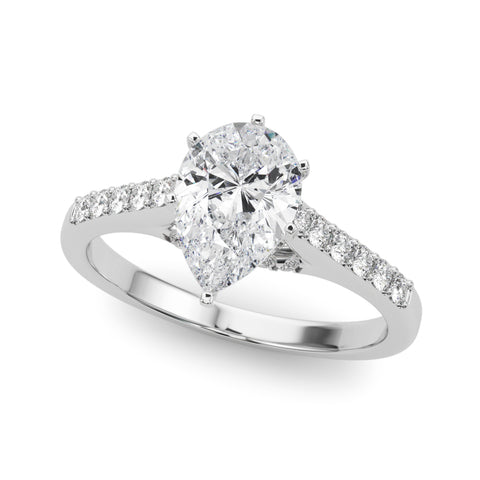 White gold Pear Solitaire Diamond Ring with Pavé Band and Four-Prong Setting