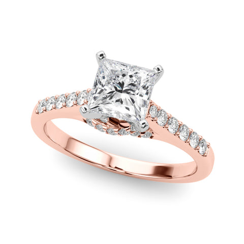 Rose gold Princess Solitaire Diamond Ring with Pavé Band and Four-Prong Setting