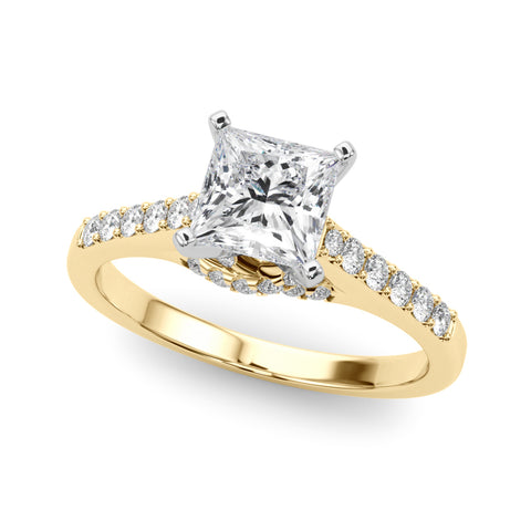 Yellow gold Princess Solitaire Diamond Ring with Pavé Band and Four-Prong Setting