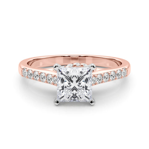 Rose gold Princess Solitaire Diamond Ring with Pavé Band and Four-Prong Setting