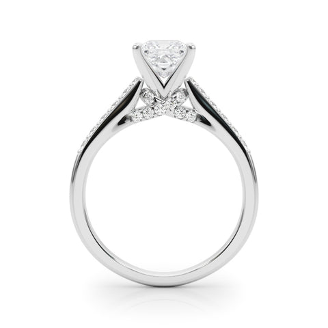 White gold Princess Solitaire Diamond Ring with Pavé Band and Four-Prong Setting