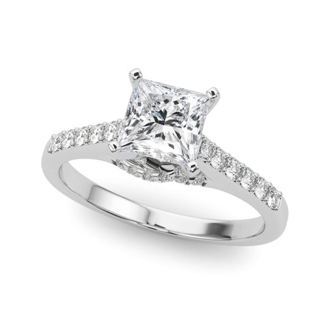 White gold Princess Solitaire Diamond Ring with Pavé Band and Four-Prong Setting