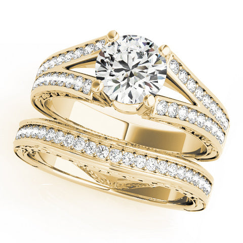Yellow gold Round Cut Split Shank Pave Diamond Ring with Four-Prong Setting