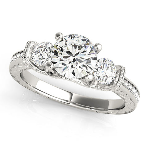 White gold Three-Stone Round Cut Milgrain Pave Band Prong Setting Ring