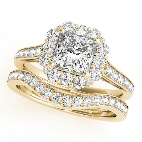 Yellow gold Princess Cut Halo Diamond Engagement Ring with Pave Band and Four-Prong Setting