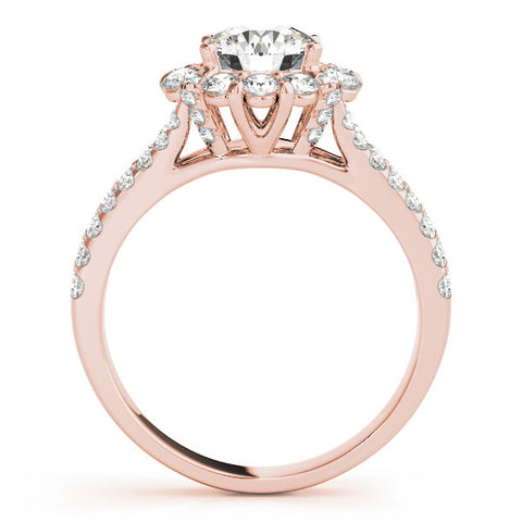 Rose gold Round Halo Split Shank Diamond Engagement Ring with Pave Band and Four-Prong Setting