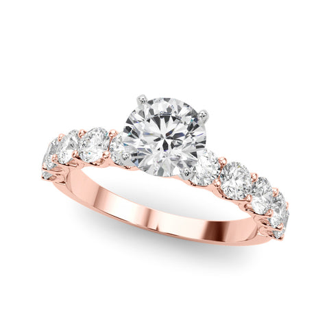 Rose gold Round Diamond Prong Setting with Side Stones on a Pave Band