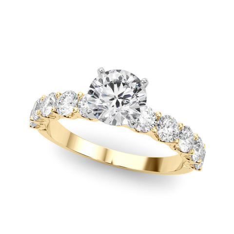 Yellow gold Round Diamond Prong Setting with Side Stones on a Pave Band