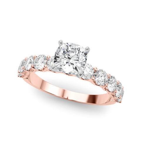 Rose gold Cushion Diamond Prong Setting with Side Stones on a Pave Band