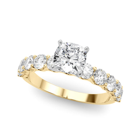 Yellow gold Cushion Diamond Prong Setting with Side Stones on a Pave Band