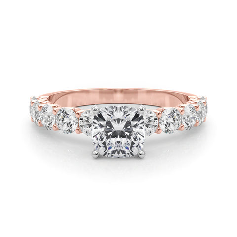 Rose gold Cushion Diamond Prong Setting with Side Stones on a Pave Band