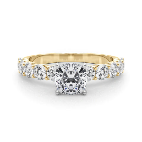 Yellow gold Cushion Diamond Prong Setting with Side Stones on a Pave Band