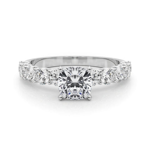 White gold Cushion Diamond Prong Setting with Side Stones on a Pave Band