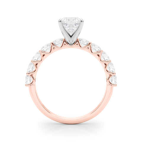 Rose gold Cushion Diamond Prong Setting with Side Stones on a Pave Band