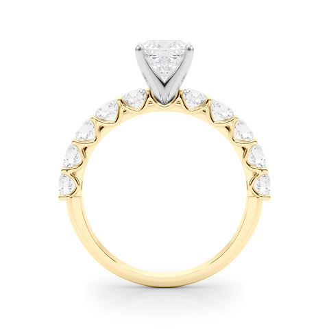 Yellow gold Cushion Diamond Prong Setting with Side Stones on a Pave Band