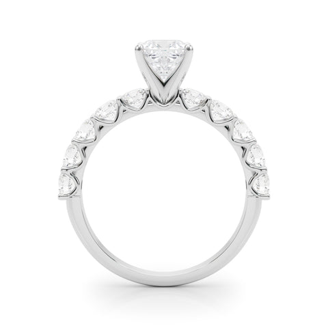 White gold Cushion Diamond Prong Setting with Side Stones on a Pave Band