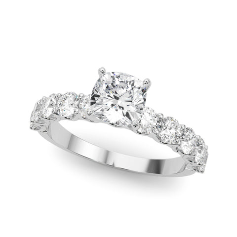 White gold Cushion Diamond Prong Setting with Side Stones on a Pave Band