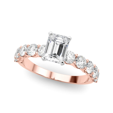 Rose gold Emerald Diamond Prong Setting with Side Stones on a Pave Band