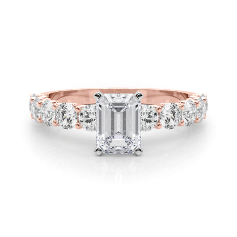 Rose gold Emerald Diamond Prong Setting with Side Stones on a Pave Band