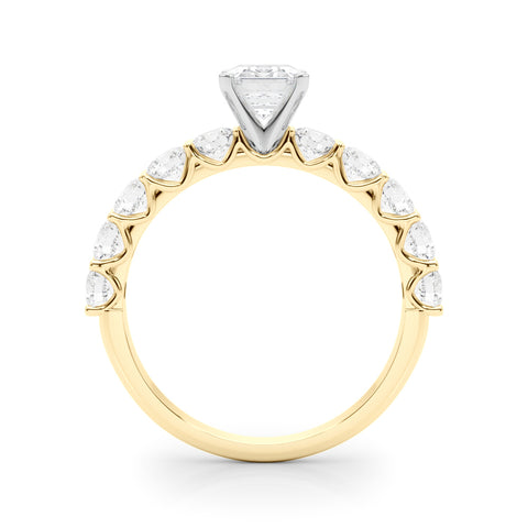 Yellow gold Emerald Diamond Prong Setting with Side Stones on a Pave Band