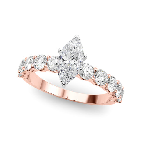 Rose gold Marquise Diamond Prong Setting with Side Stones on a Pave Band