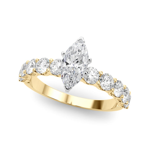 Yellow gold Marquise Diamond Prong Setting with Side Stones on a Pave Band