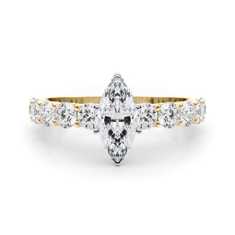 Yellow gold Marquise Diamond Prong Setting with Side Stones on a Pave Band