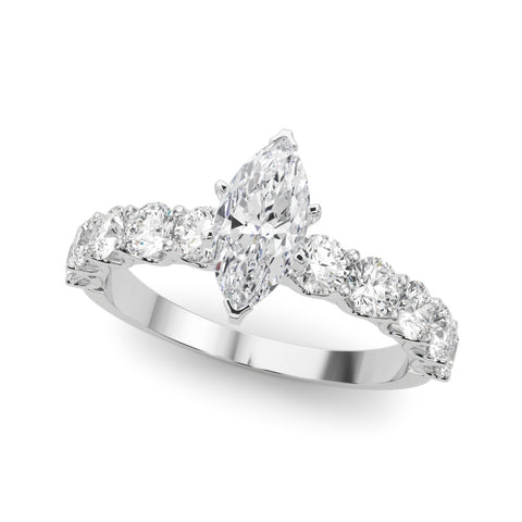 White gold Marquise Diamond Prong Setting with Side Stones on a Pave Band