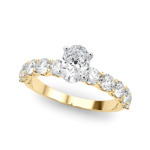 Yellow gold Oval Diamond Prong Setting with Side Stones on a Pave Band