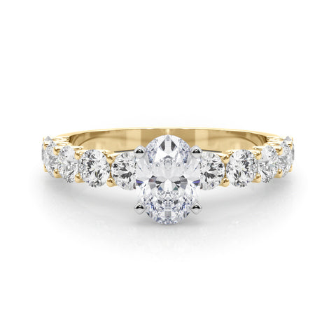 Yellow gold Oval Diamond Prong Setting with Side Stones on a Pave Band