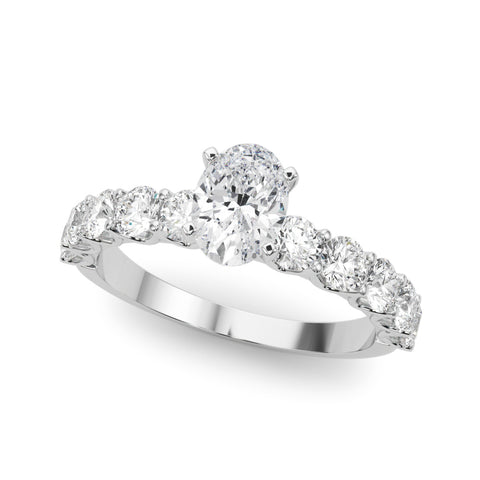 White gold Oval Diamond Prong Setting with Side Stones on a Pave Band