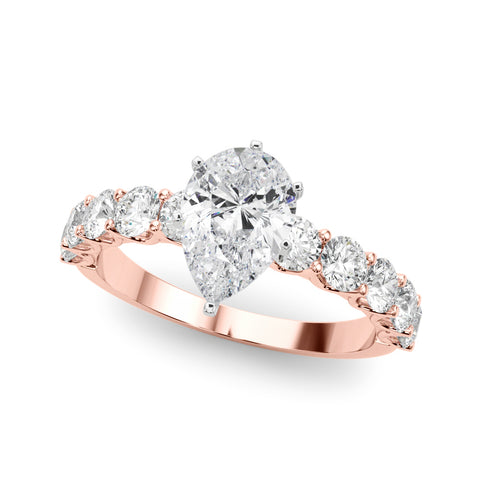 Rose gold Pear Diamond Prong Setting with Side Stones on a Pave Band