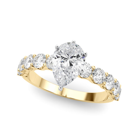 Yellow gold Pear Diamond Prong Setting with Side Stones on a Pave Band