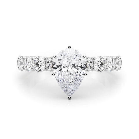 White gold Pear Diamond Prong Setting with Side Stones on a Pave Band