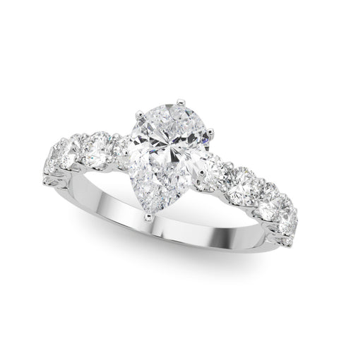 White gold Pear Diamond Prong Setting with Side Stones on a Pave Band