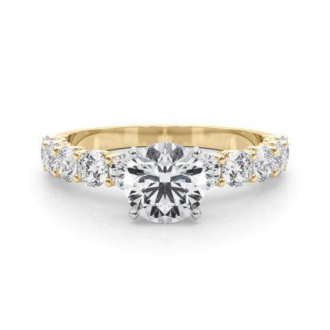 Yellow gold Round Diamond Prong Setting with Side Stones on a Pave Band